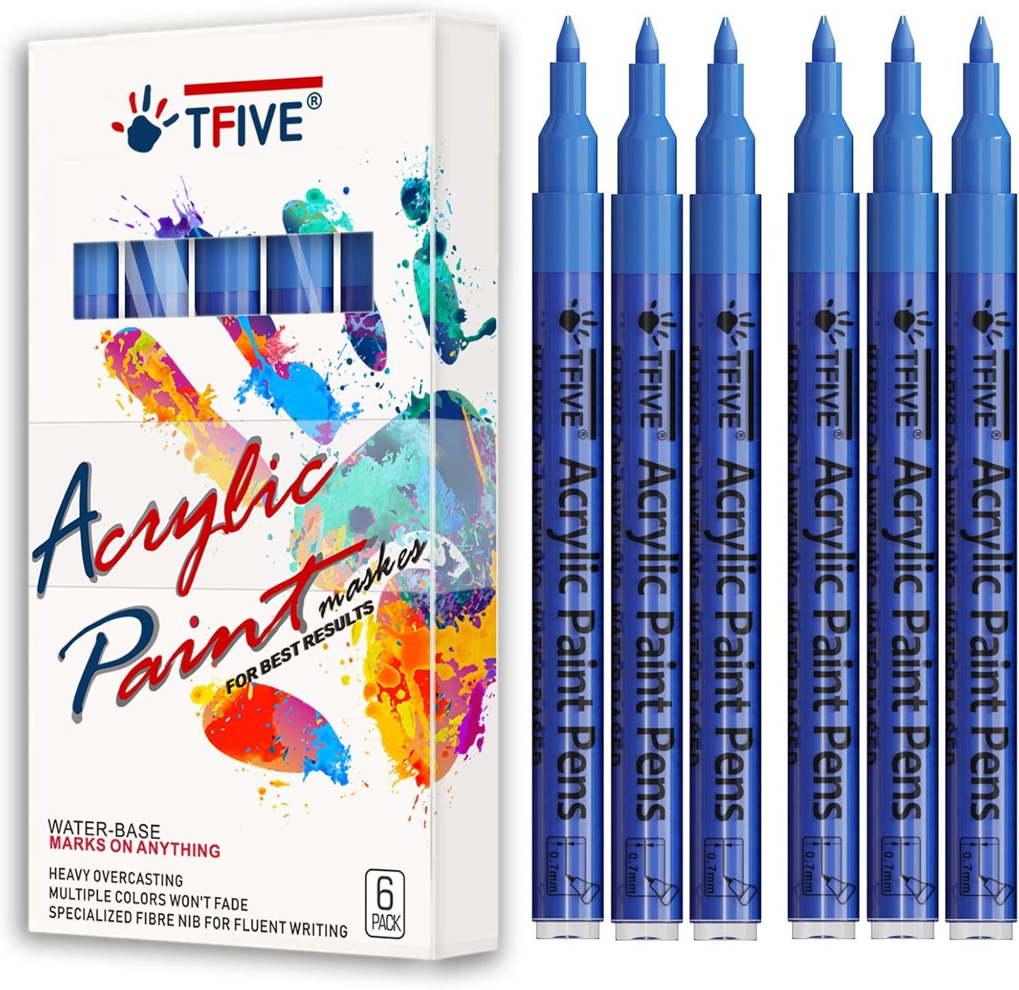 Blue Marker Paint Pens - 6 Pack Acrylic Blue Permanent Marker, 0.7mm Extra Fine Tip Paint Pen for Art projects, Drawing, Rock Painting, Stone, Ceramic, Glass, Wood, Plastic, Metal, Canvas DIY Crafts