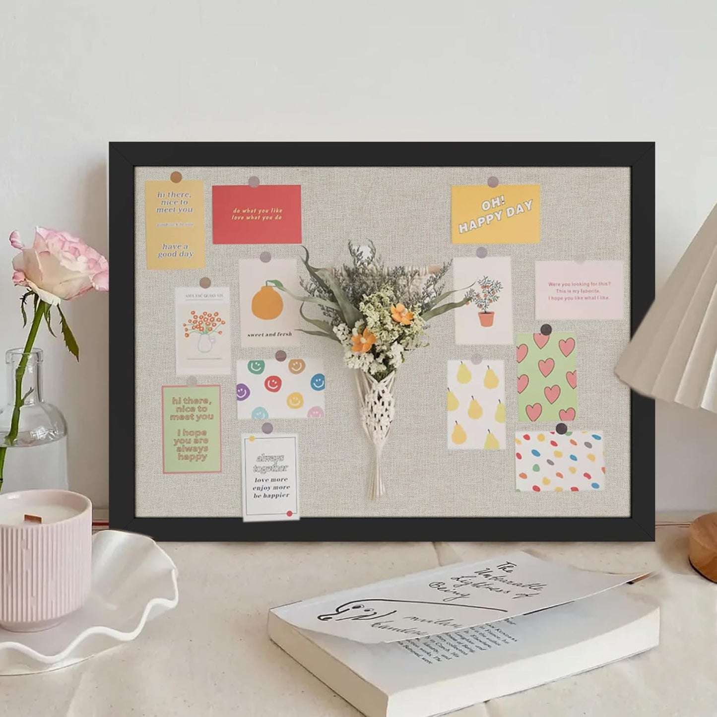 Cork Board Bulletin Board 16.7" x 11", 2-Pack Small Linen Corkboards with Frame for Walls, Cute Picture Display Pin Board Vision Board for Room School Office Bedroom 25 Pushpins Vintage Black