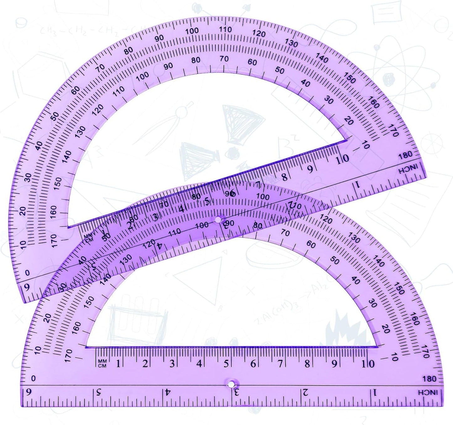 Zonon 2 Pcs 6 Inch Plastic Protractor Math Protractors 180 Degrees Angle Measurement, Translucent for Geometry Classroom Kid Student School Office Supplies(Purple)