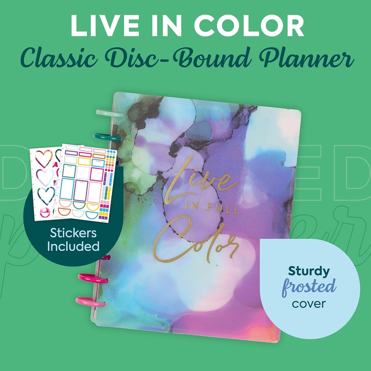 Happy Planner Disc-Bound Planner Jan.–Dec. 2026, Includes 3 Extra Months and 2 Sticker Sheets, Classic Size, 7" x 9.25", Horizontal Layout, Live in Color