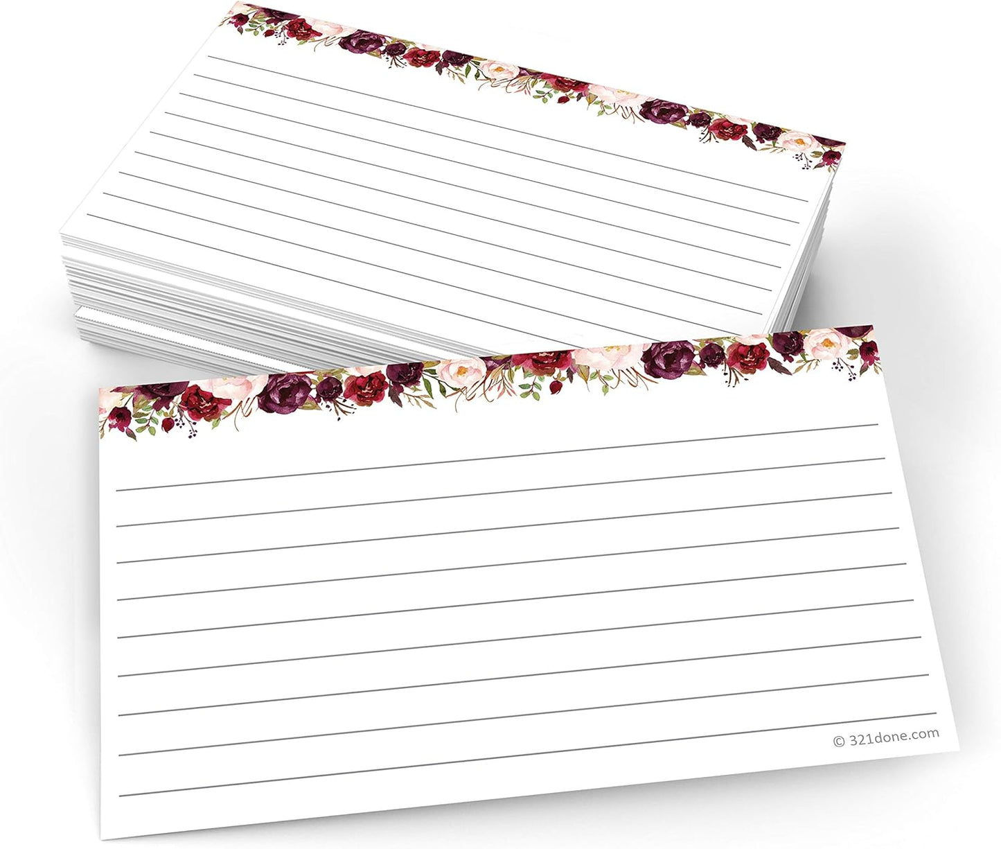 321Done Floral Ruled Index Cards - Made in USA – Small 3x5 (Set of 50), Narrow-Ruled Lined Notecards Double-Sided, Thick Heavy Duty Cardstock, Cute Pretty Flowers Red Roses on White Note Cards Lines