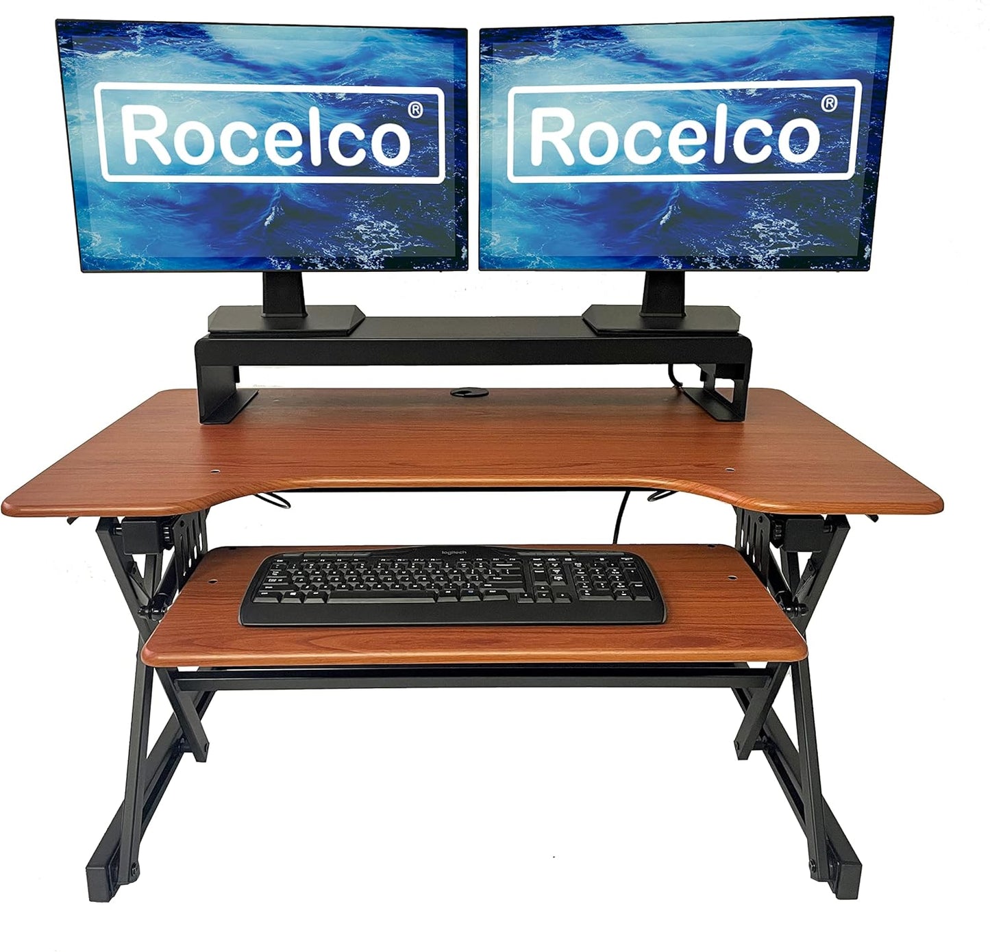 Rocelco 40" Large Height Adjustable Standing Desk Converter with Dual Monitor Stand BUNDLE - Quick Sit Stand Up Computer Workstation Riser - Retractable Keyboard Tray - Teak (R DADRT-40-DMS)