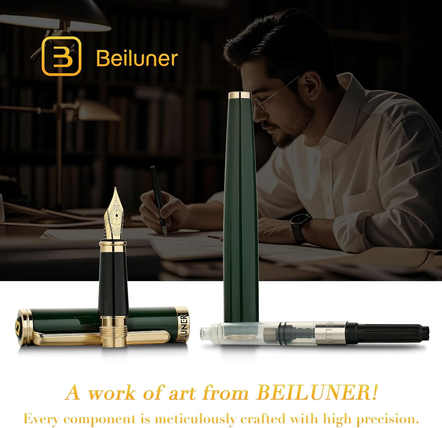 BEILUNER Racing Green Fountain Pen,Stunning Luxury Pens with 24K Gold Finish, Gorgeous 24K Gilded Nib(Fine), Trustworthy Gift for Men&Women -Ink Converter-Elegant, Graduation,Fancy Pen for Writing