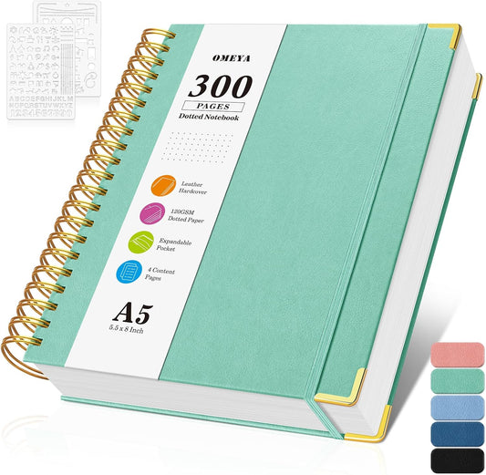 Bullet Dotted Journal Spiral Notebook, 300 Pages Leather Notebooks with Contens, 120 GSM Thick No Bleed Through Paper Journals, A5 Dot Grid Notebook for Women Men School Work Writing, 5.5" x 8", Green