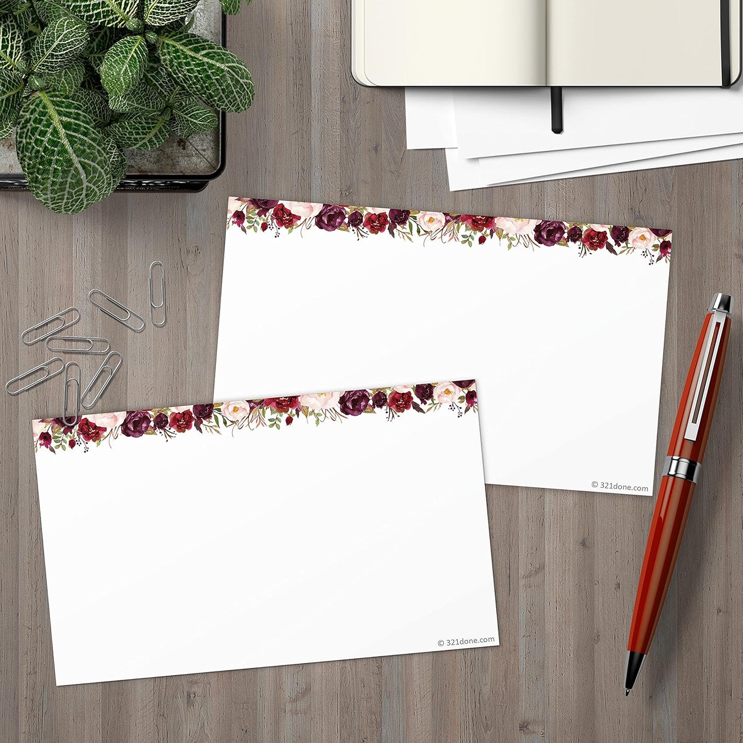 321Done Red Rose Floral Index Cards - Blank, No Lines - (50) Small 3x5 White Cards - For Studying, Learning, Flashcards, Desk Notes, Messages, Notecards, Card Making - Cute, Pretty - Made in the USA