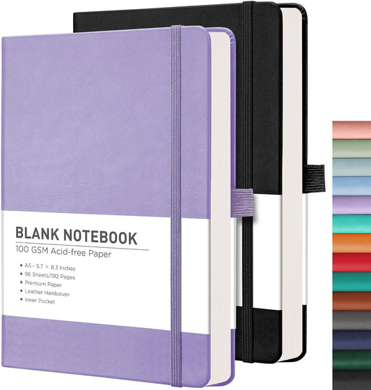 RETTACY Blank Journal Notebook, 2-Pack, 192 Pages per Pack, A5 Medium Size (5.7'' x 8.3''), Leather Hardcover, 100 GSM Thick Paper, for Sketching, Drawing, Painting (Black & Purple)