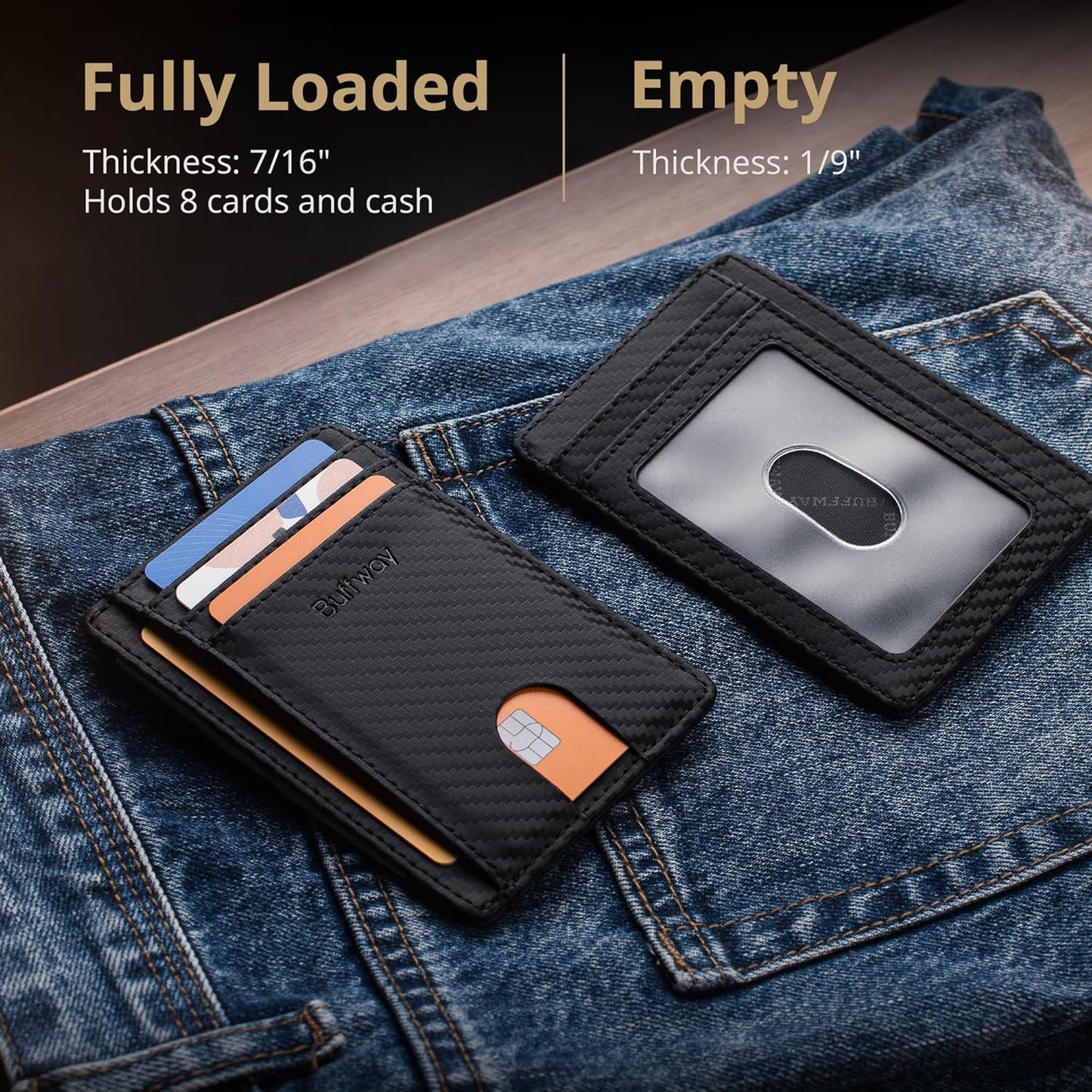 Buffway Slim Minimalist Front Pocket RFID Blocking Leather Wallets for Men and Women - Carbon Fiber Black