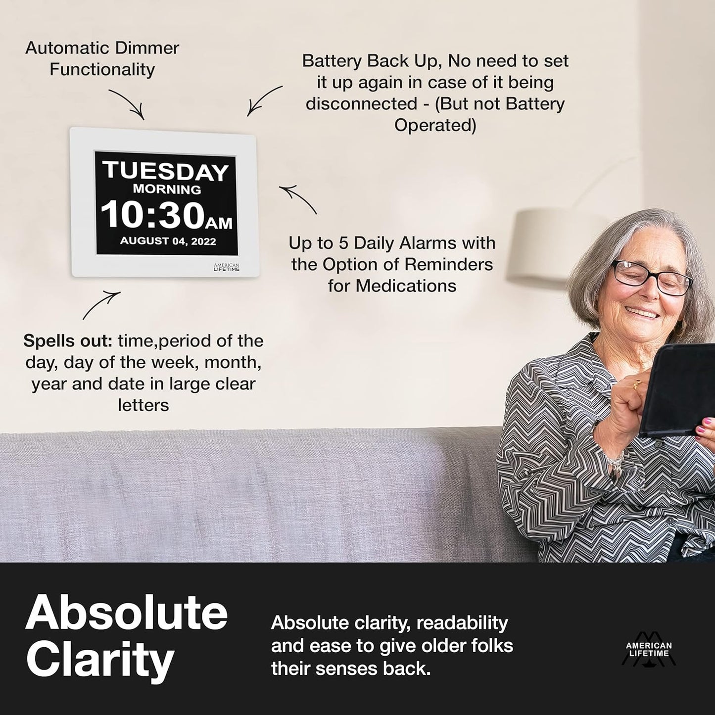 American Lifetime New 2025 Dementia Clock Large for Seniors, Digital Clock Large Display with Custom Alarms, Clock with Day & Date for Elderly, Number Digital Clock 12 Inches White