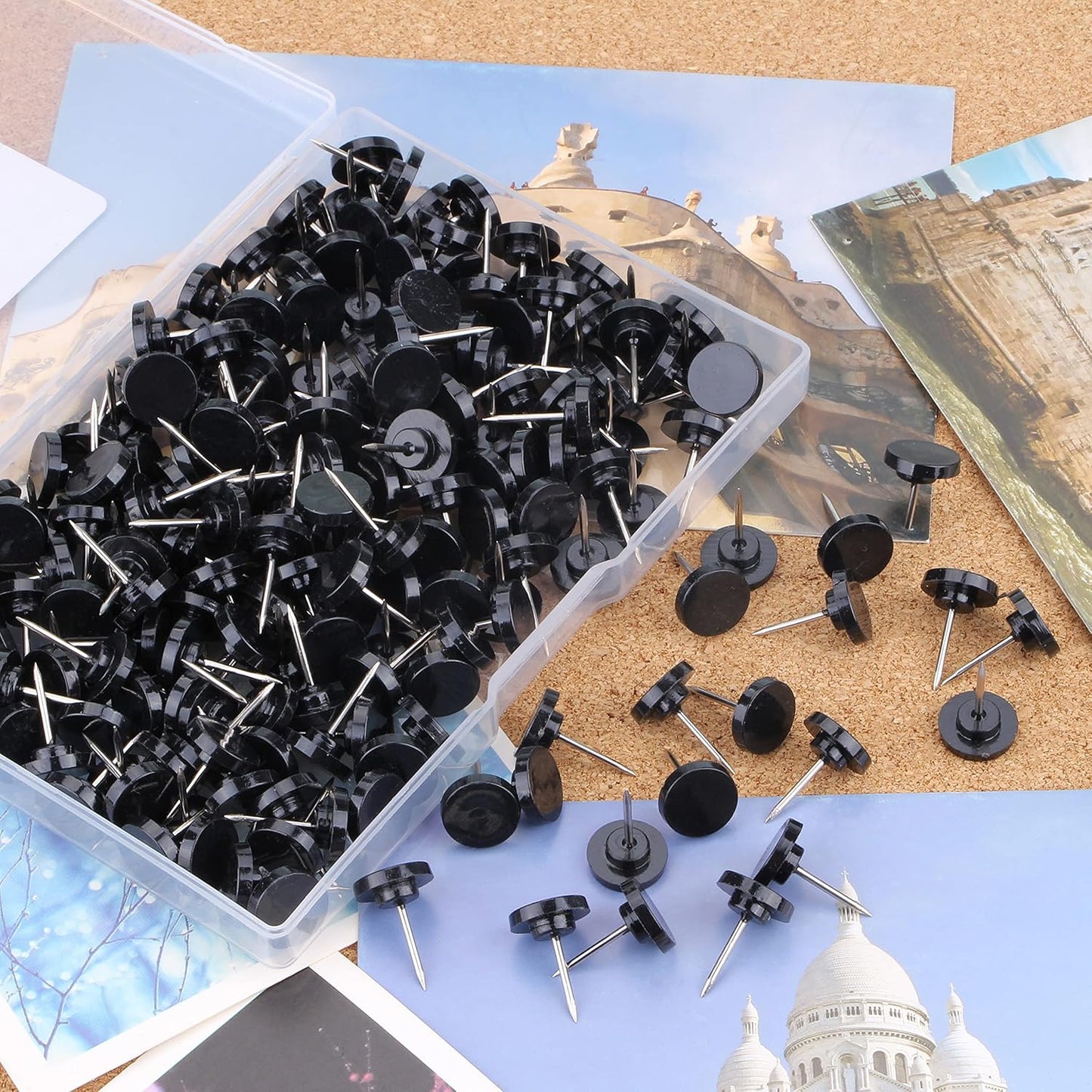 Push Pins 200-count Flat Black Thumb Tacks Steel Point and Plastic Head for Corkboard and Wooden Photo Wall