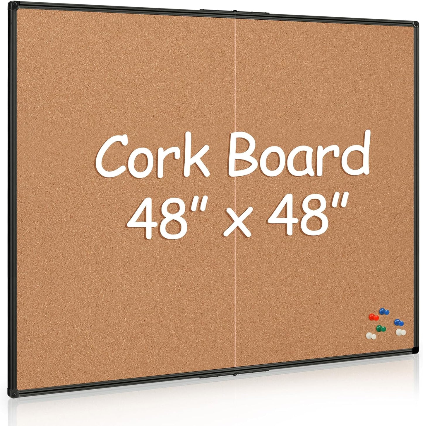 Board2by Extra Large Cork Bulletin Board 48" X 48", Foldable Notice Pin Board for Wall, Black Aluminum Framed 4'x4' Corkboard, Wall Mounted Noticeboard with 36 Push Pins for School, Home & Office