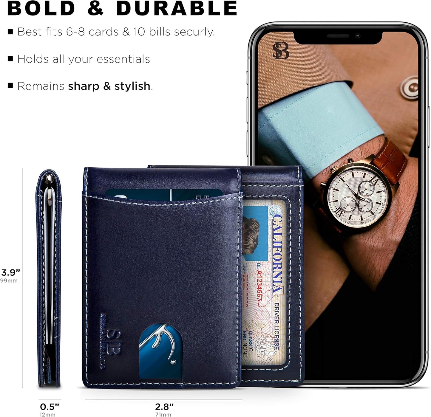 SERMAN BRANDS RFID Blocking Slim Bifold Genuine Leather Minimalist Front Pocket Wallets for Men with Money Clip Thin Gift