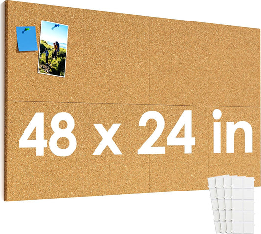 MaxGear Large Cork Board for Wall 48" x 24", 8 Pack Cork Board Tiles with 20 Pushpins & Safe Removable Adhesive Tabs, 12" x 12" Corkboards for Office, School, Home