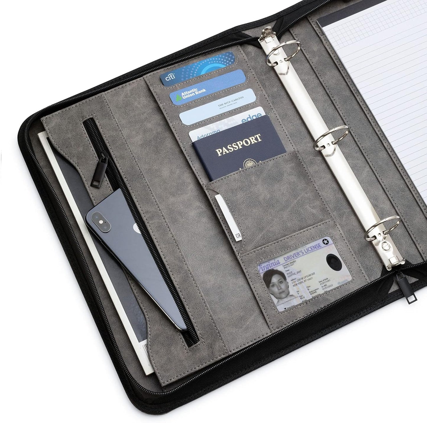Portfolio Organizer - 1.5" 3 Ring Binder with Notepad - Zippered Storage Pouch for Papers, Travel Documents, Presentation Folder with Pockets for Card, Passport, Tickets - Gray