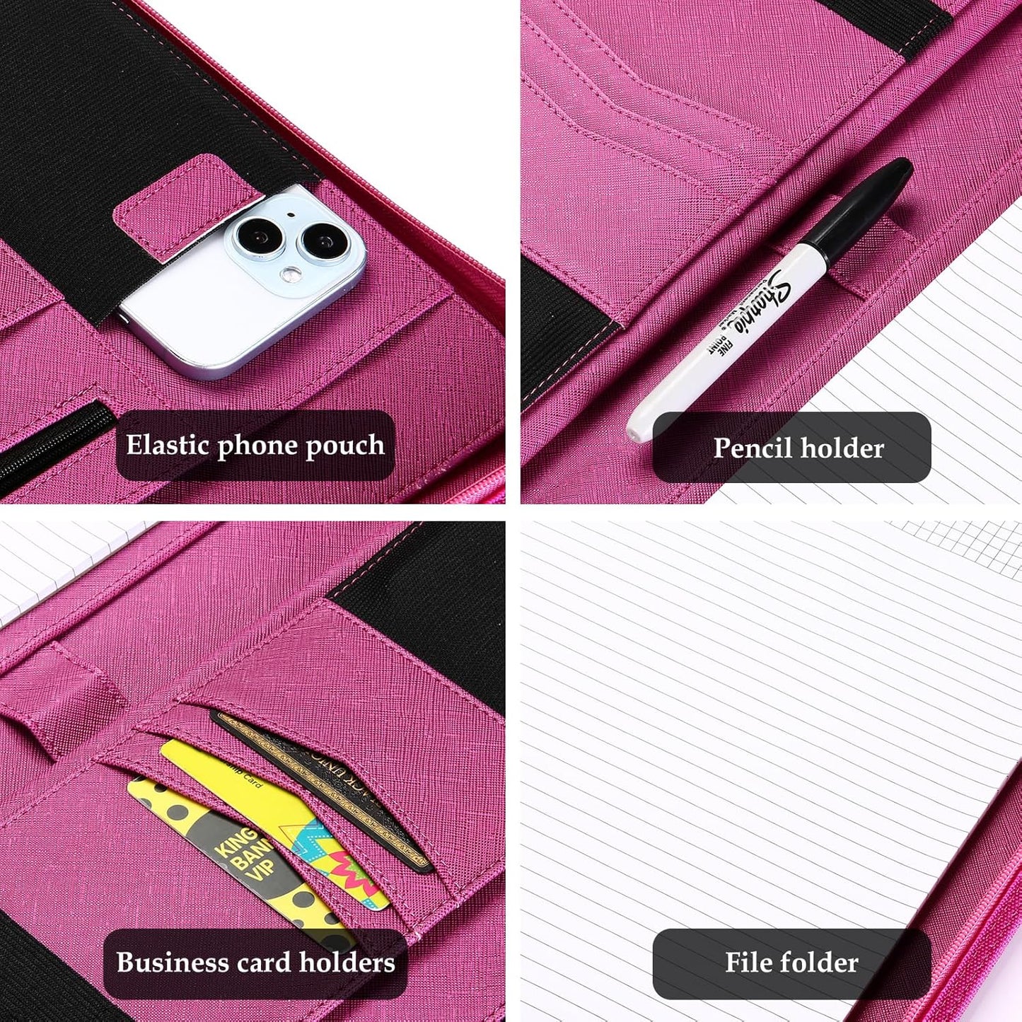 ProCase Portfolio Business Padfolio Folder with Zipper, Conference Meeting Executive File Legal Document Organizer with Pockets Letter Size A4 Writing Pad Notepad Padfolio -Magenta