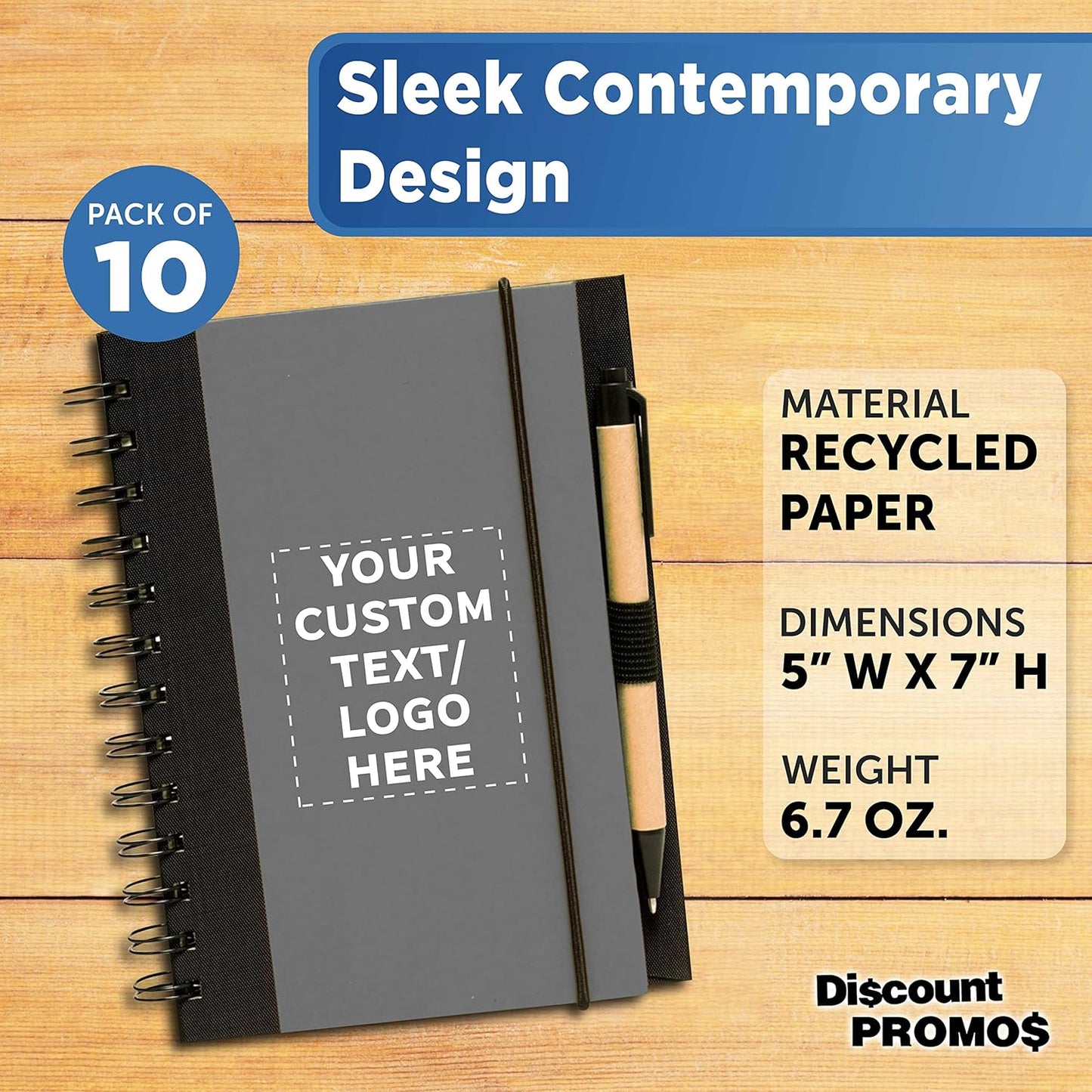 DISCOUNT PROMOS Custom Eco Block Notebooks with Pens Set of 10, Personalized Bulk Pack - Perfect for School, Office, Business, Home - Smoke