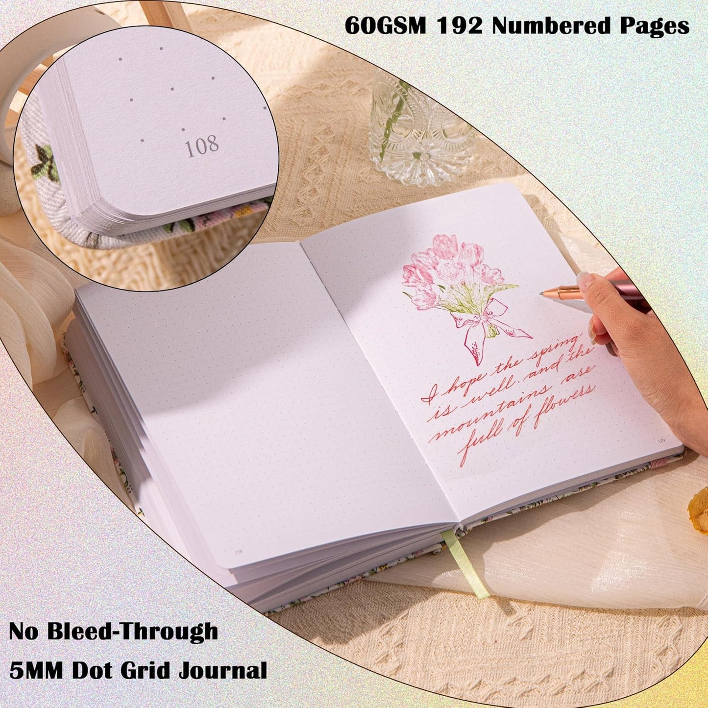 TIEFOSSI Dotted Journal Notebook for Women, A5 Dotted Grid Notebook for Writing, 190 Pages Thick Paper, Travel Daily Journal, for Work Home School, Note Taking, Business, 8.4 X 5.8 In