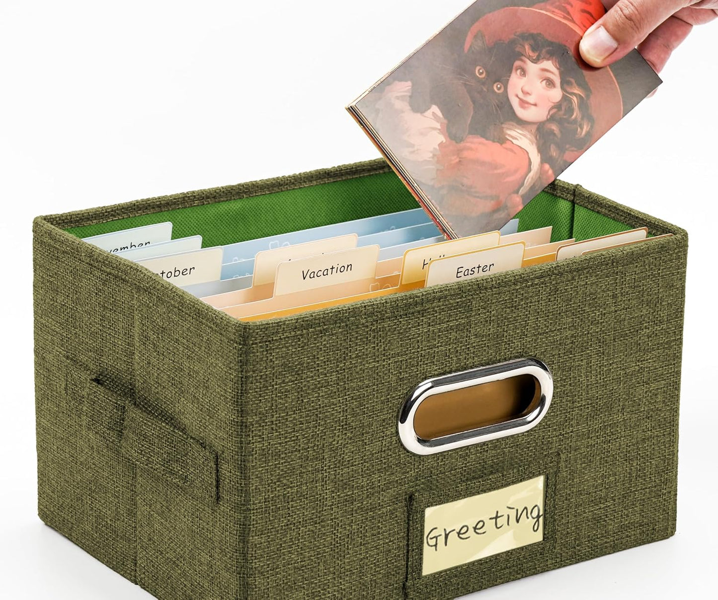 Greeting Card Organizer and Storage Box with 20 Pcs Adjustable Dividers, Storing Cards with 84 Pcs Labels Perfect for Storing Greeting Cards, Envelopes, Photos 1 Pack Olive Green