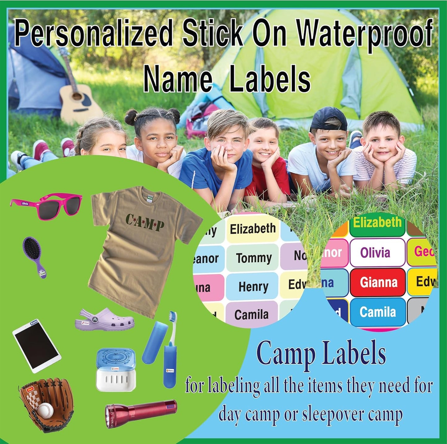 Personalized Waterproof Name Labels Press and Stick Custom Name Stick on Clothing Labels. Customized Up to 3 Lines Great for Camp & Daycare (S'More)