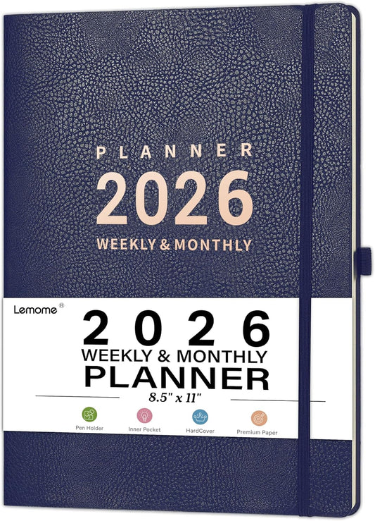 2026 Planner - Jan 2026 - Dec 2026, 2026 Planner Weekly and Monthly, 8.5" x 11", Pen Holder, Calendar Stickers, Pocket, 25 Notes Pages, Faux Leather Cover, A4 Premium Paper - Blue