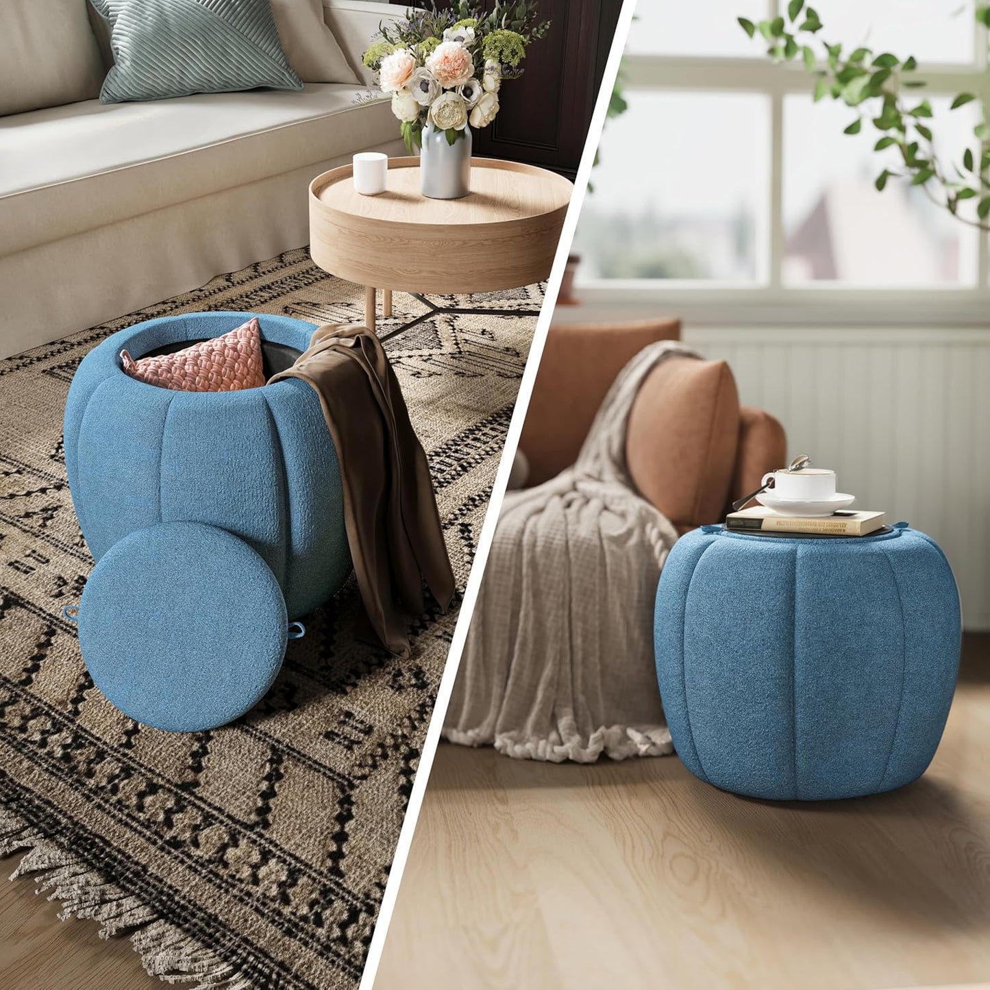 Storage Ottoman, Round Ottoman with Storage, Upholstered Soft Vanity Stool for Living Room, Foot Stool Ottoman for Bedroom, Entryway (Navy Blue)