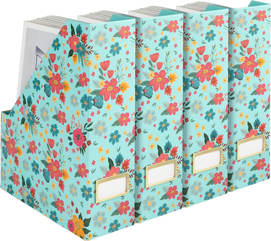 BLU MONACO Floral Magazine Holder, Set of 4 Foldable Magazine File Boxes, Aqua Floral Pattern with Gold Label Holder, Vertical Desk Organizer and Binder Holder