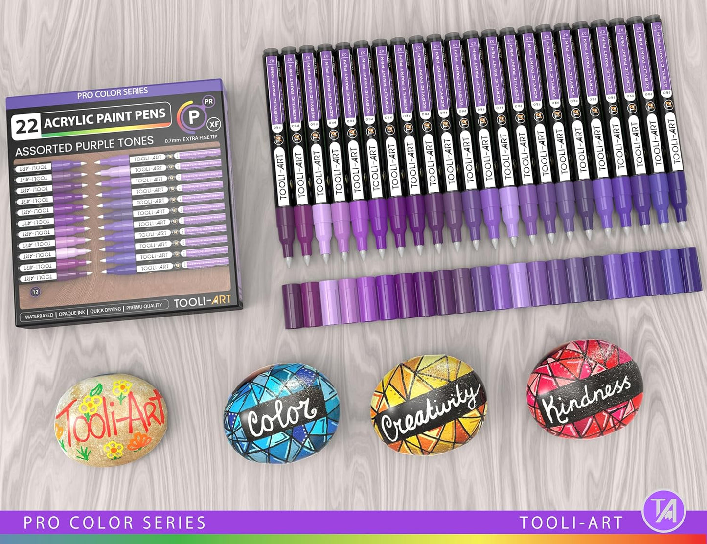 Acrylic Paint Pens 22 Purple Tones Assorted Pro Color Series Markers Set 0.7mm Extra Fine Tip for Rock Painting, Glass, Mugs, Wood, Metal, Canvas, Projects, Non Toxic, Waterbased, Quick Drying