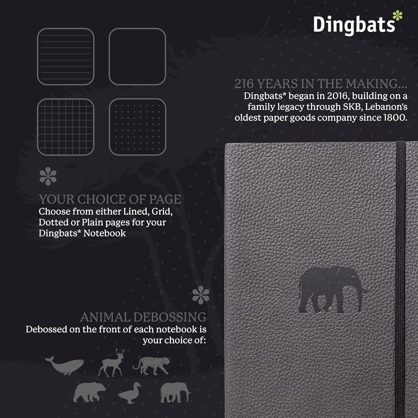 Dingbats* Wildlife Grid Writing Journal Notebook A5 - Vegan Leather Hardcover - Ideal for Work, Travel - Pocket, Elastic Closure, & Bookmark