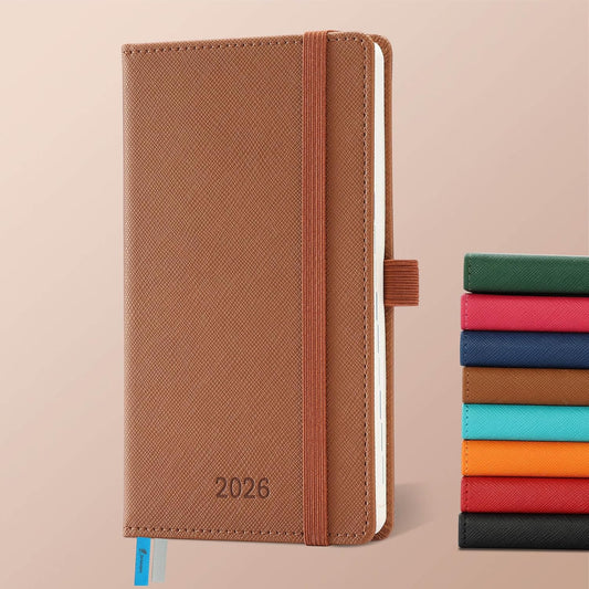 Weekly Monthly 2026 Planner (Jan.26-Dec.26),6.5"x3.75",12 Months Agenda Plan with Month Tabs & Pocket,Expenses/Note Pages, Appointment Book Calendar with Hardcover Vegan Leather Cover,Brown