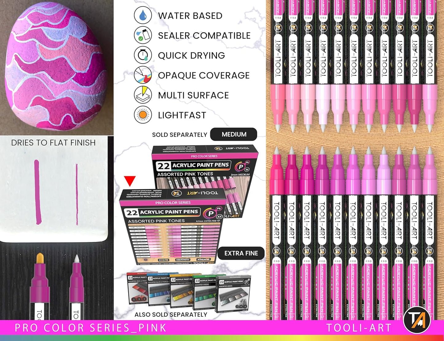 Acrylic Paint Pens 22 Pink Tones Assorted Pro Color Series Markers Set 0.7mm Extra Fine Tip for Rock Painting, Glass, Mugs, Wood, Metal, Canvas, Projects, Non Toxic, Waterbased, Quick Drying
