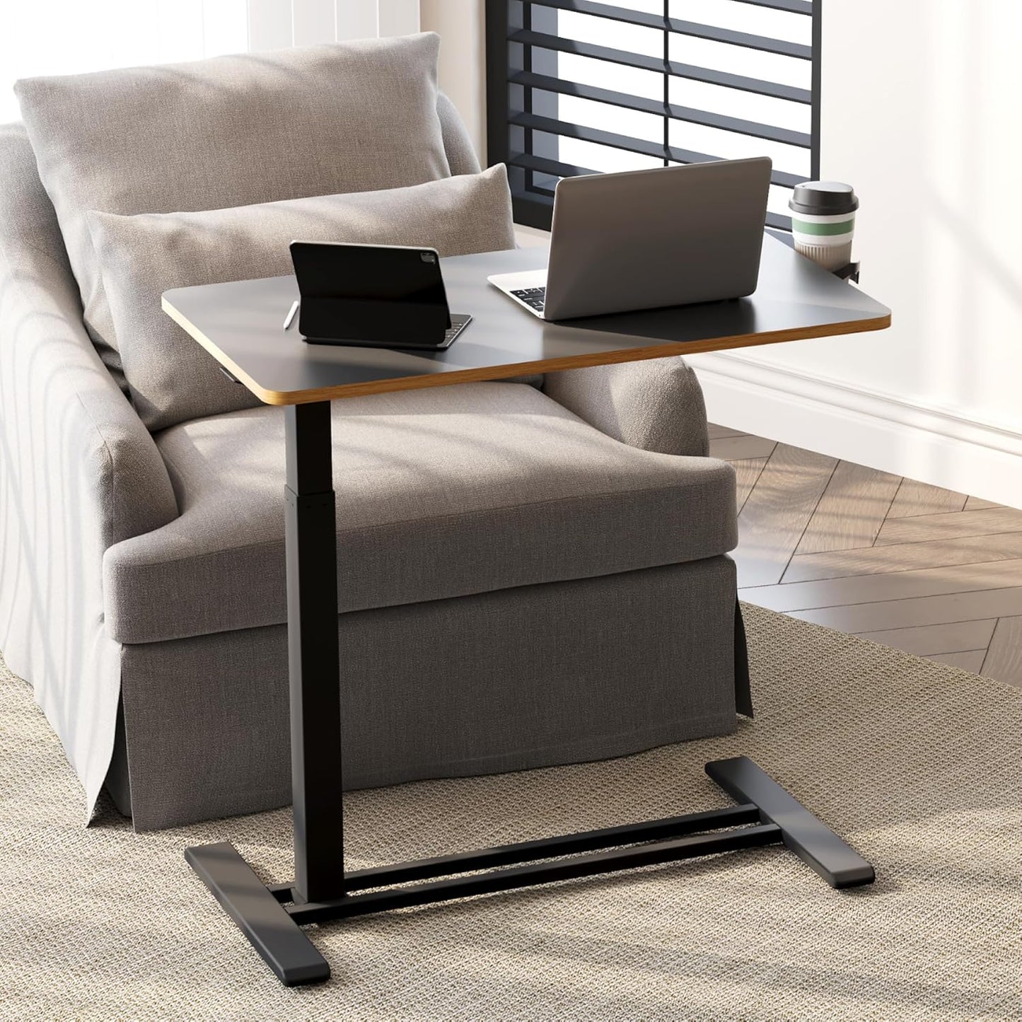 SANODESK Mobile Standing Desk with Hidden Wheels,Pneumatic Laptop Desk Rolling Computer Cart Movable Height Adjustable Small Sit Stand Desk for Home Office(31.5" W x 17.7" D, Black+Maple Band)