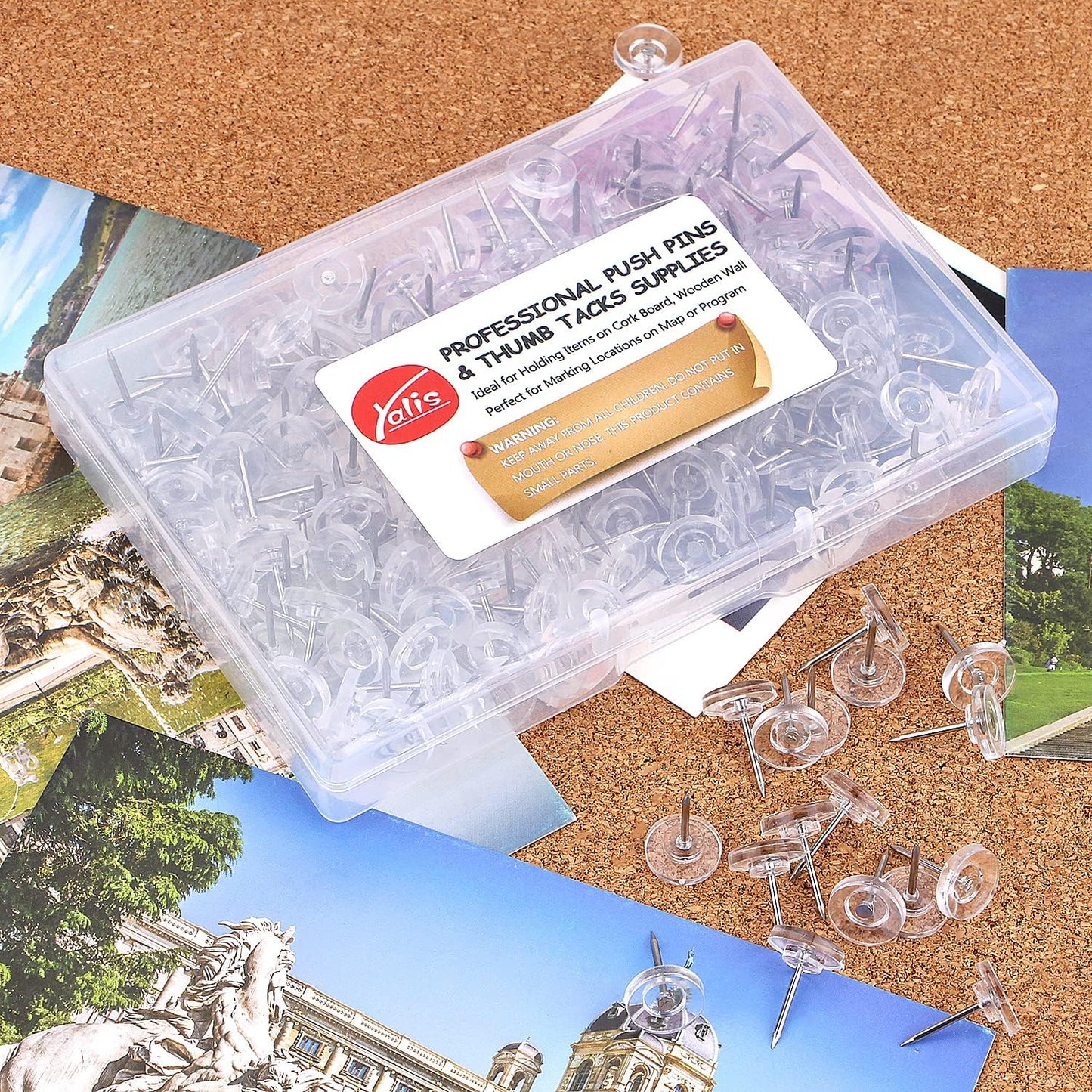 Push Pins 200-count Flat Clear Thumb Tacks Steel Point and Plastic Head for Corkboard and Wooden Photo Wall