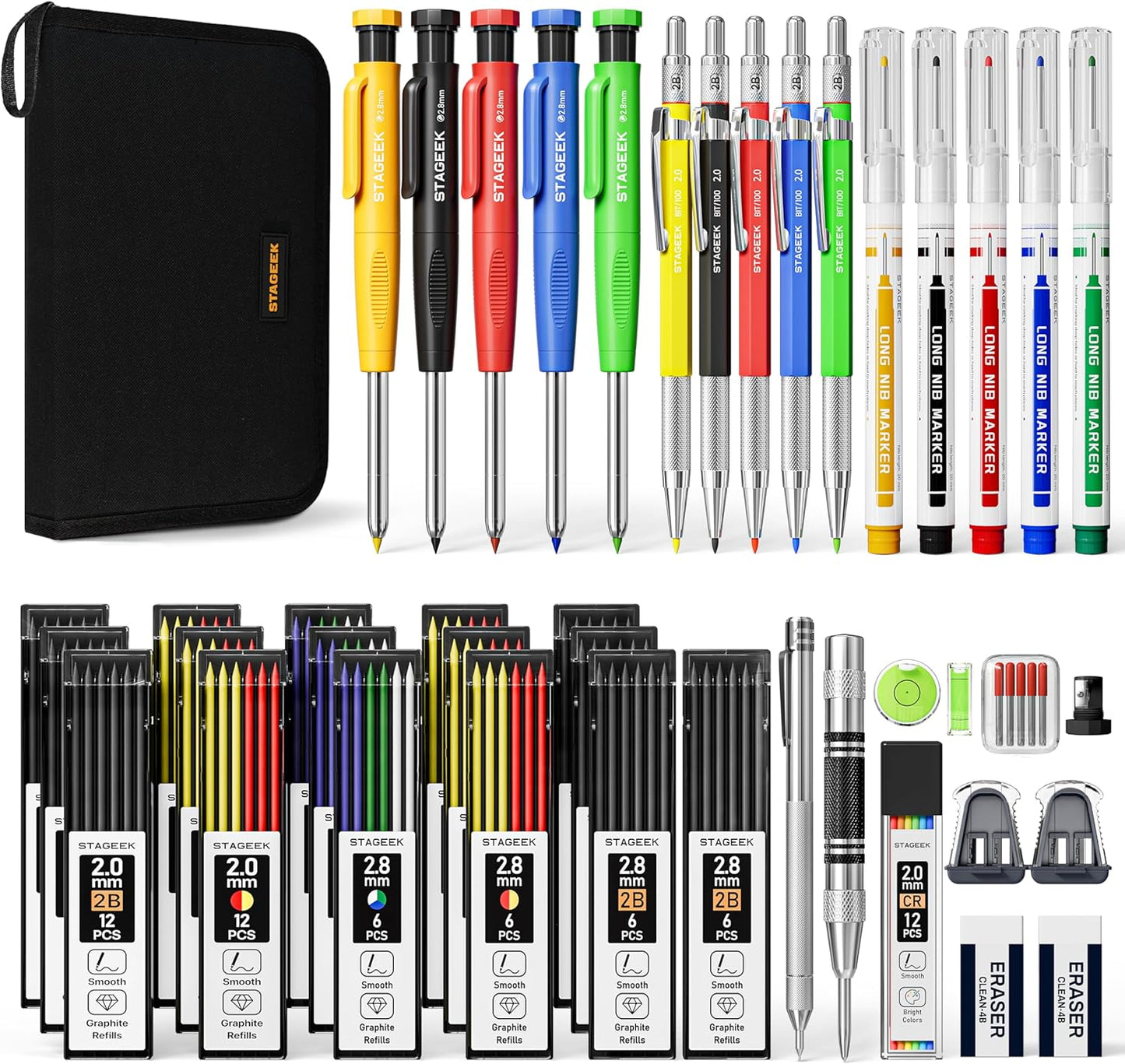 49 Pack Carpenter Pencil Set with Sharpener, Carpenter Pencils with Deep Hole Long-Nib Marker Pens, Carbide Scribe Tool & Construction Pencil for Architect Woodworking with Case