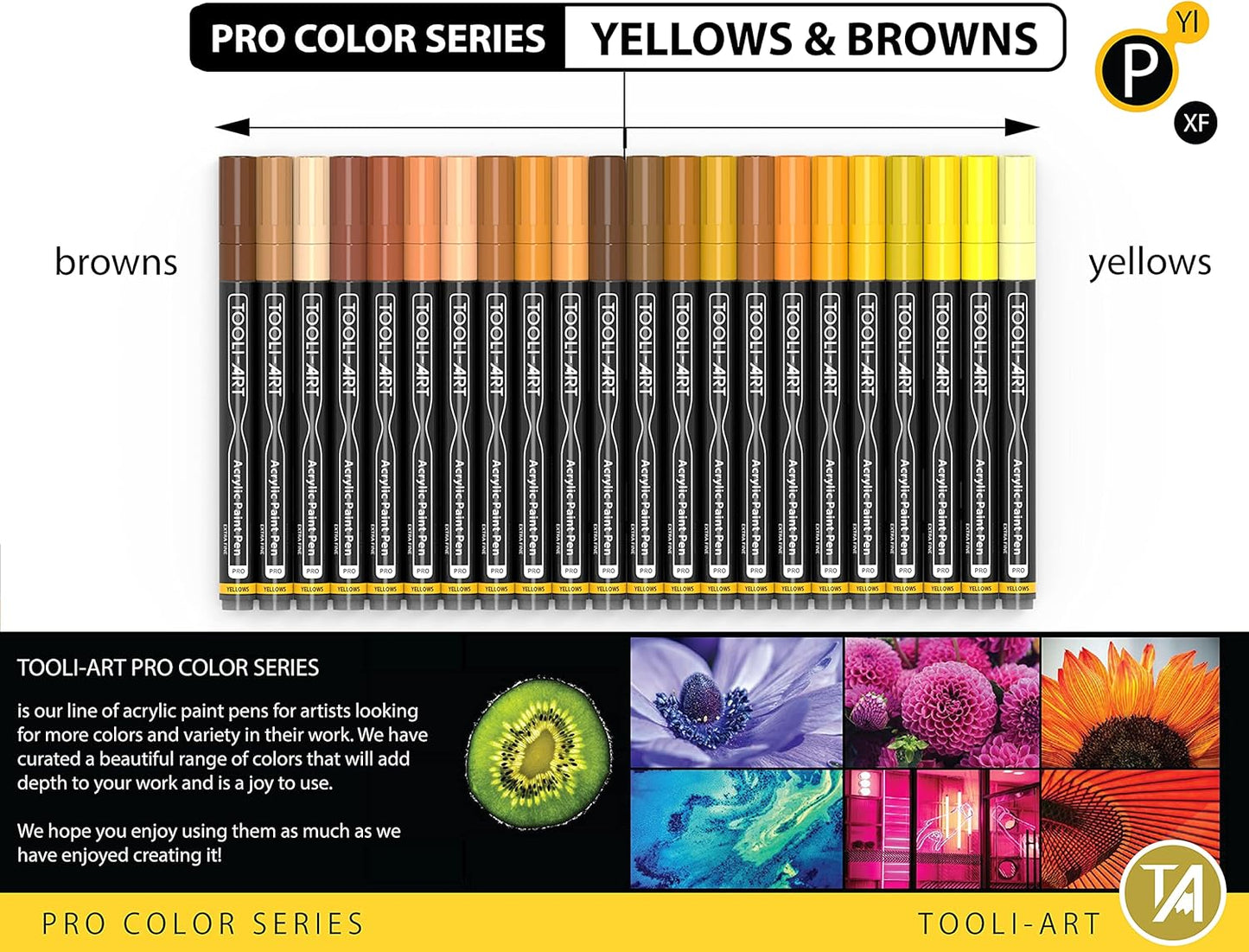 Acrylic Paint Pens 22 Yellow & Brown Tones Assorted Pro Color Series Markers Set 0.7mm Extra Fine Tip for Rock Painting, Glass, Mugs, Wood, Metal, Canvas, Projects, Non Toxic, Waterbased, Quick Drying
