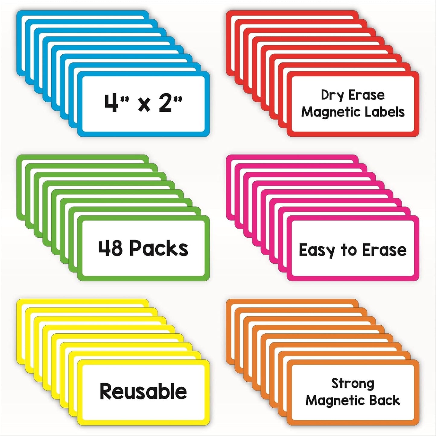 48 Pack Magnetic Dry Erase Labels - Magnetic Blank Cards with Color Borders, Reusable Name Tags - Dry Erase Labels for Home, Office, Classroom - 2 x 4 Inches