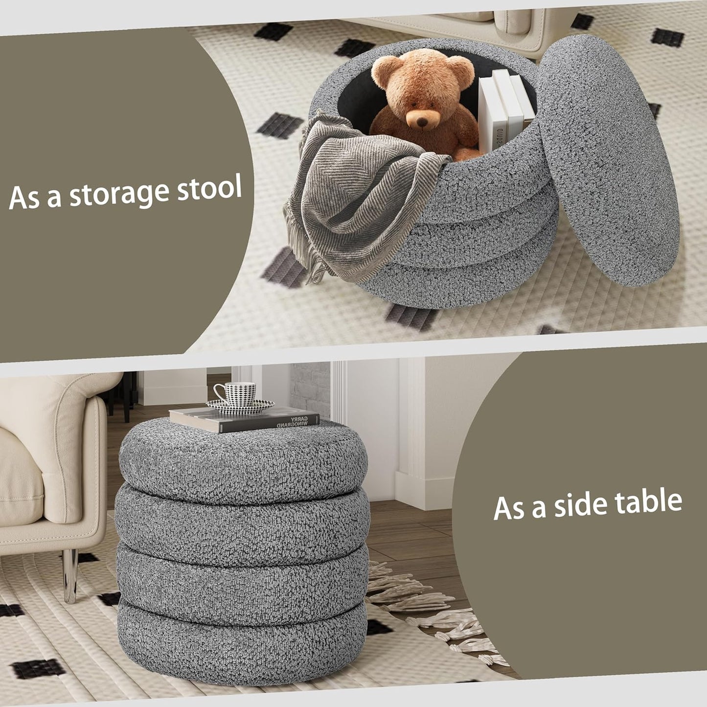Storage Ottoman, Round Ottoman with Storage, Vanity Stool Foot Rest with Removable Lid, Round Boucle Upholstered for Living Room Pouf Footstool