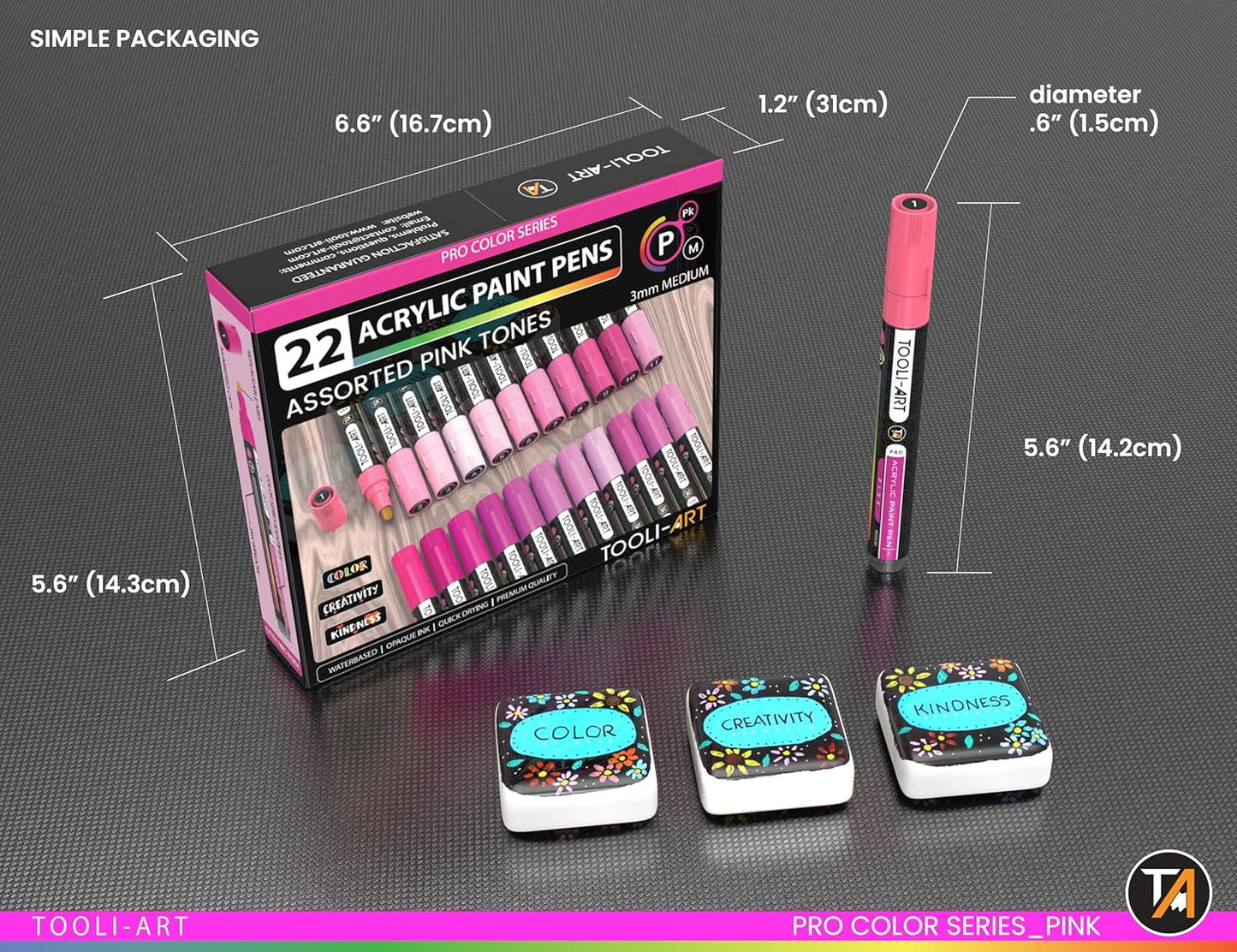 TOOLI-ART 22 Acrylic Paint Markers Paint Pens Pro Color Series Set 3mm Medium Tip for Rock Painting, Glass, Mugs, Wood, Metal, Glass Paint, Canvas, DIY. Non Toxic, Waterbased, Quick Drying (PINK)