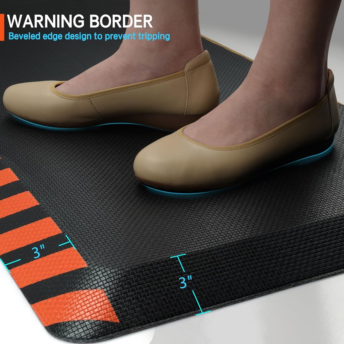 FEATOL Anti Fatigue Mats Industrial, Ergonomic Standing Floor Mat for Work for Stand, Black with Orange Border Safety 24" x 70"-Support for Leg & Back Pain