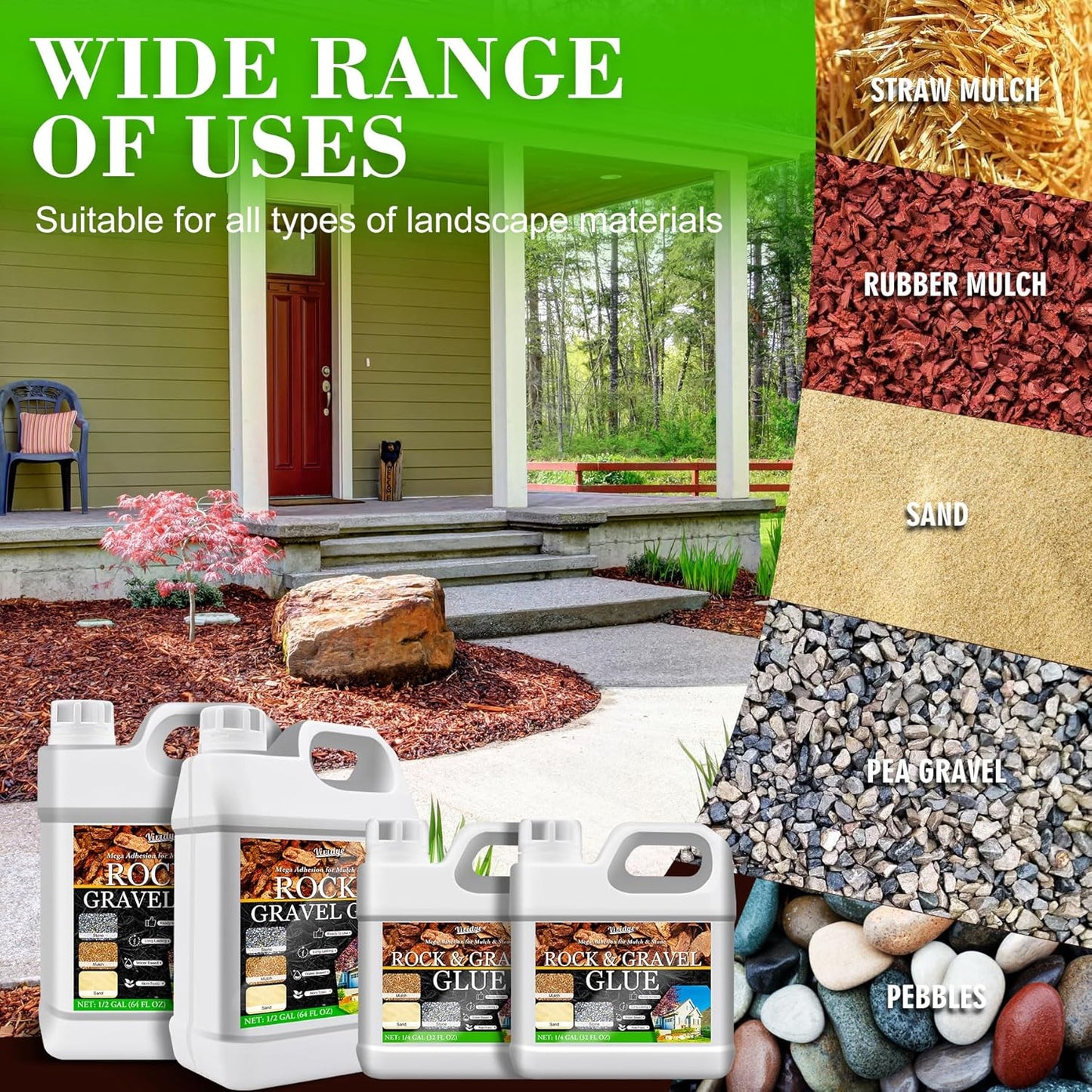 Mulch Glue & Gravel Binder - 64oz Rock Glue for Landscaping, Garden, Walkway - Strong Pea Gravel Stabilizer, Concentrate Mulch Adhesive Safe for Lockdown Sticky Stone, Pebble, Bark, Rubber, Pine Straw