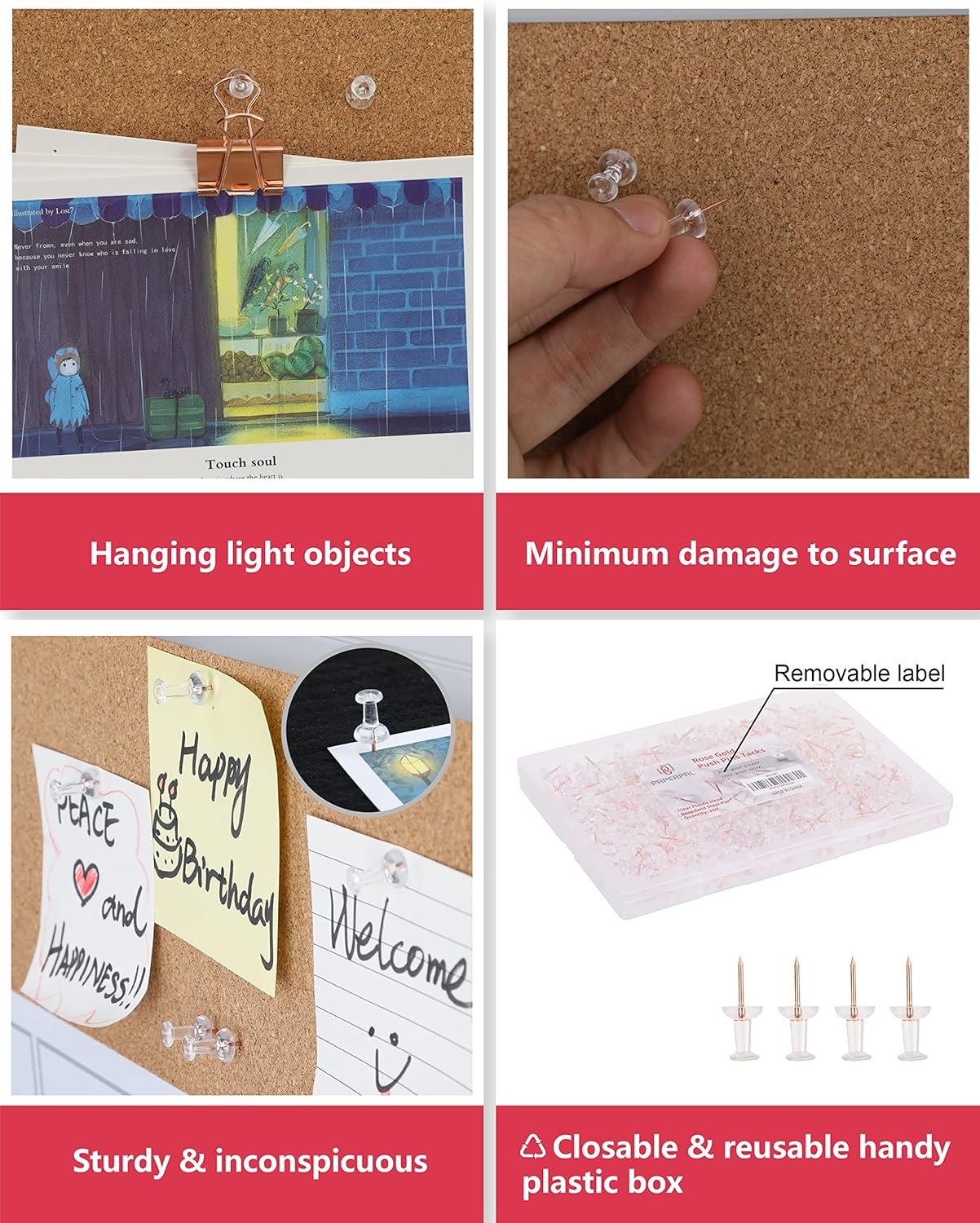 PAPERPAL 280 Rose Gold Push Pins for Cork Board, Clear Thumb Tacks for Wall Hangings, Pushpins for Office School & Personal Use, Standard Size Push Pin Tacks