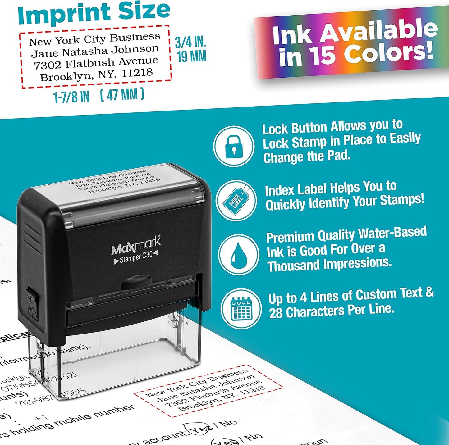Custom Self Inking Rubber Stamp - Up to 4 Lines of Text - Choose from 15 Ink Colors - Medium Size