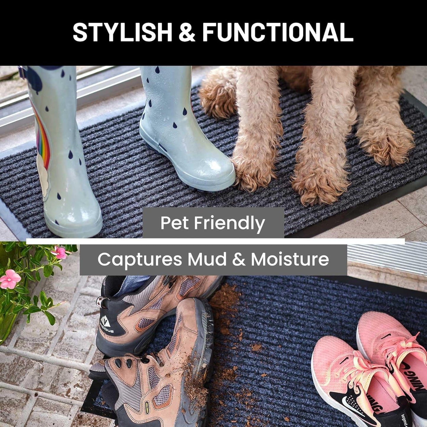 Sierra Concepts 2-Pack Front Door Mat - Large 36 x 24 Welcome Indoor Outdoor Entryway Mats for Shoe Scraper, Ideal for Inside Outside High Traffic Area, Black