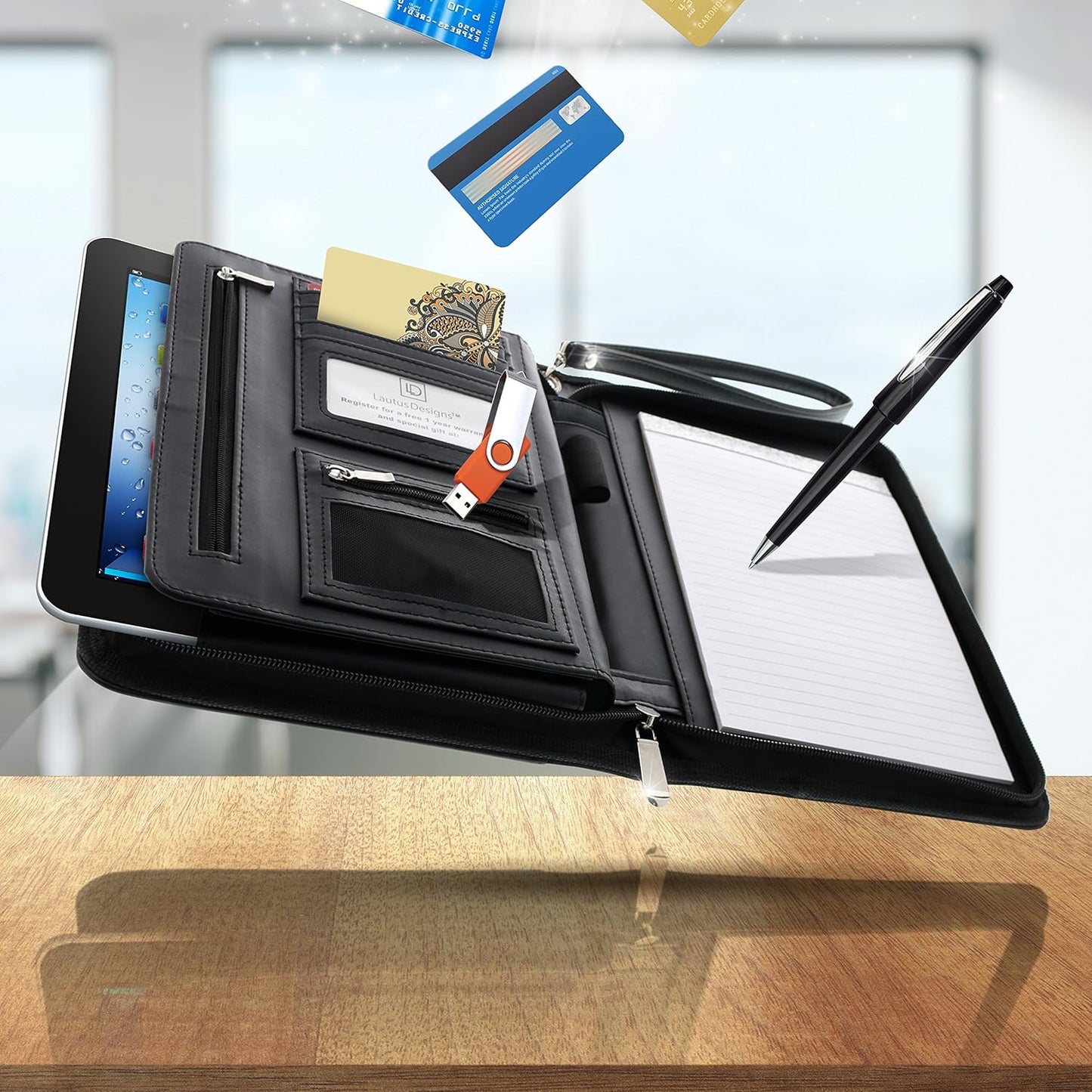 Customized Black Zippered Portfolio Binder with Junior Legal 5x8 Notepad - Engraved PU Leather Business Padfolio Organizer Folder with 8" Tablet Sleeve & Gift Box by Lautus Designs