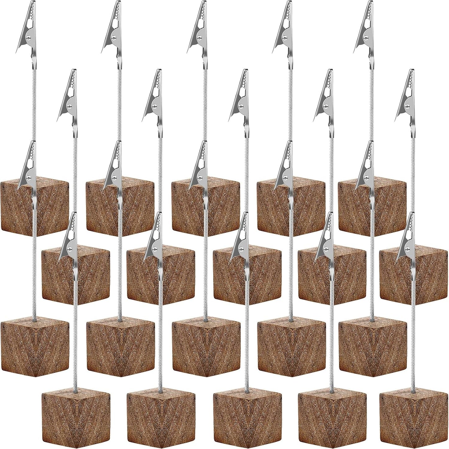 20 Pcs Cube Base Memo Clip Holder with Alligator Clip Wood Table Number Holder Cube Base Place Card Stand Mini Photo Menu Stand for Displaying Number Card(Wood Color)