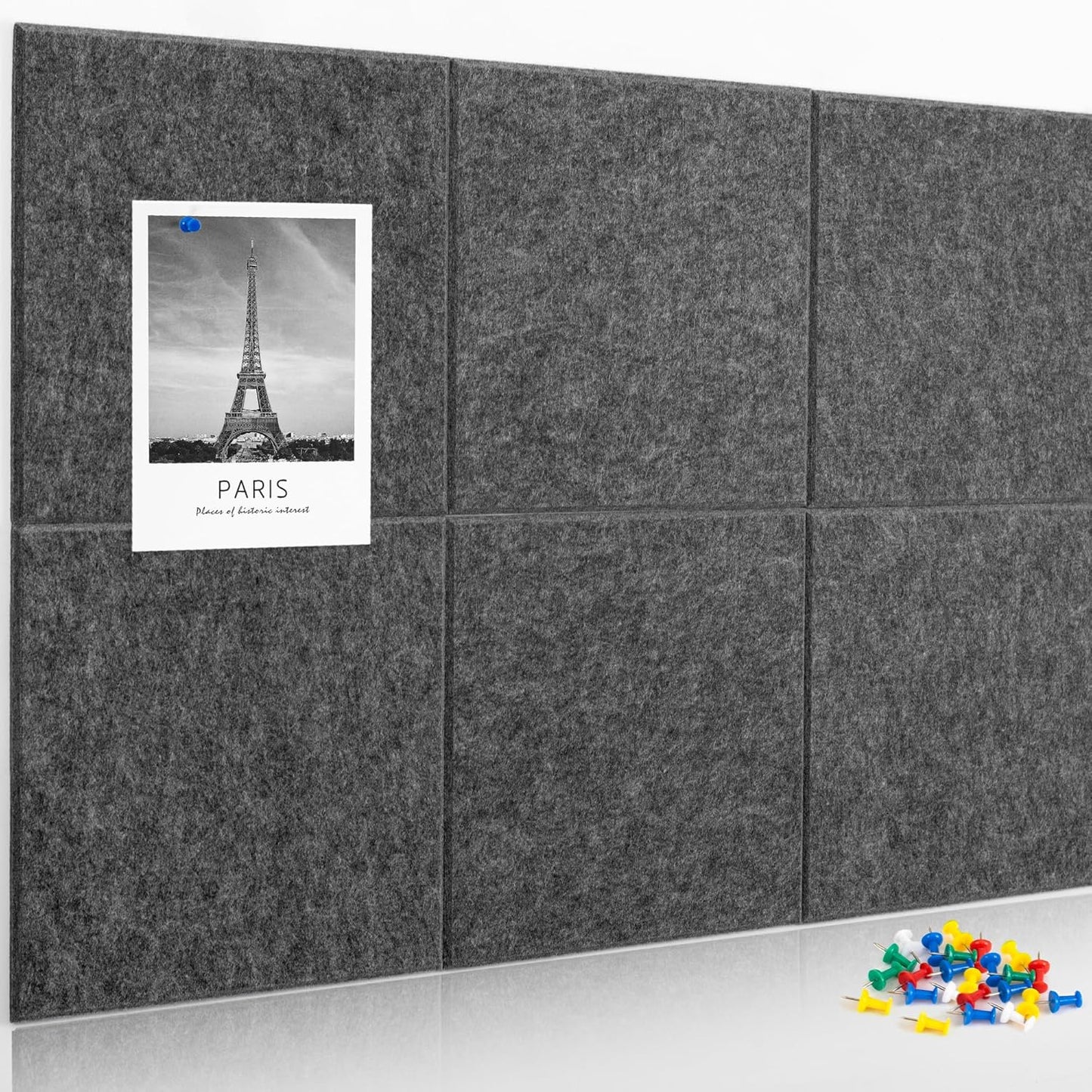 AKTOP Cork Board Bulletin Board 24"x36", 6 Pack Removable Felt Cork Board Tiles for Wall, Large Corkboard Notice Pin Board for Office, School & Home,24 Safe Adhesive Tabs, 20 Push Pins, Dark Grey