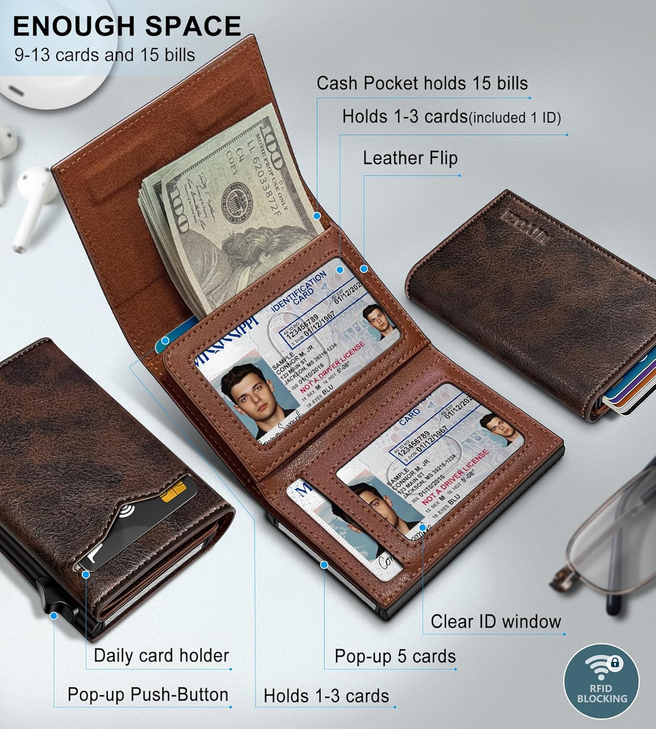 Wallet for Men,with Cash Pocket 2 ID Window 9-13 Cards,Metal Case Smart Slim Pop Up Credit Card Holder Flip with Magnetic Closure RFID Blocking Trifold wallet with Gift Box