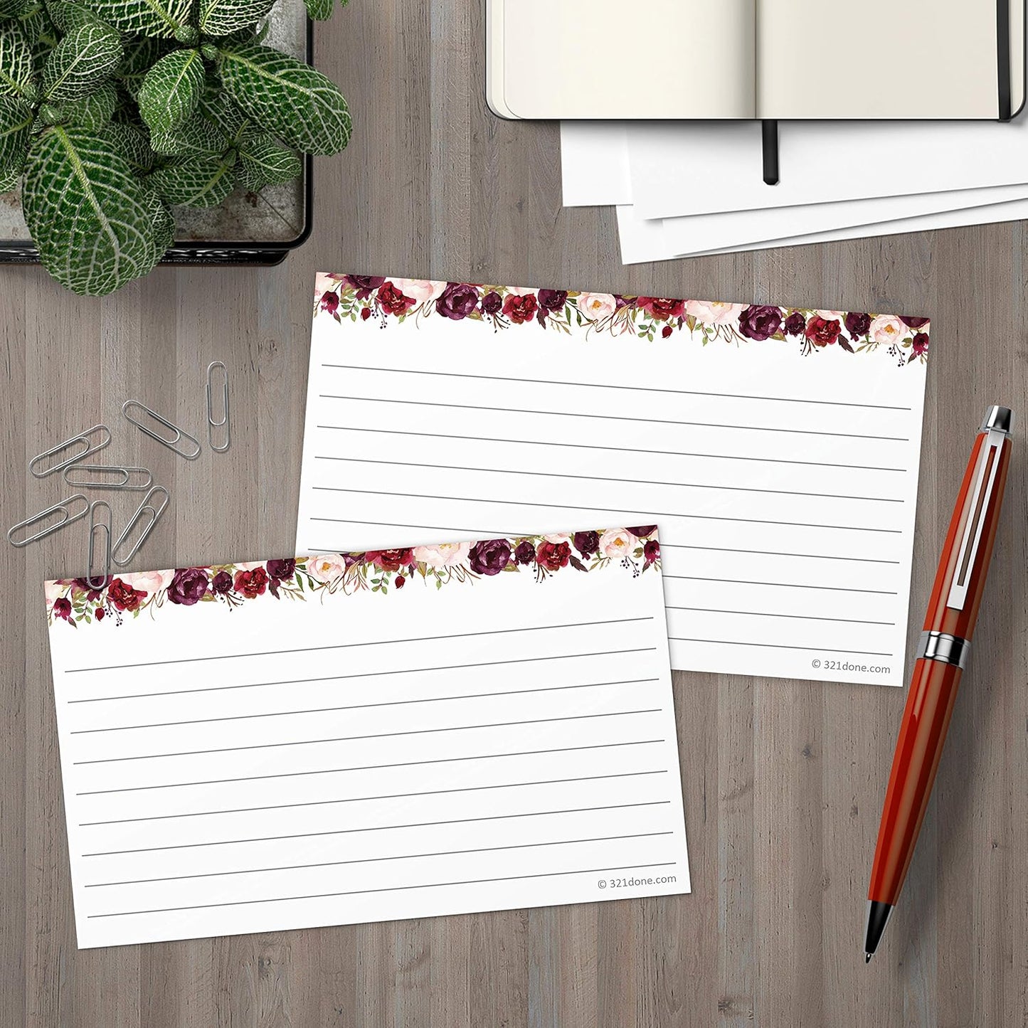 321Done Floral Ruled Index Cards - Made in USA – Small 3x5 (Set of 50), Narrow-Ruled Lined Notecards Double-Sided, Thick Heavy Duty Cardstock, Cute Pretty Flowers Red Roses on White Note Cards Lines