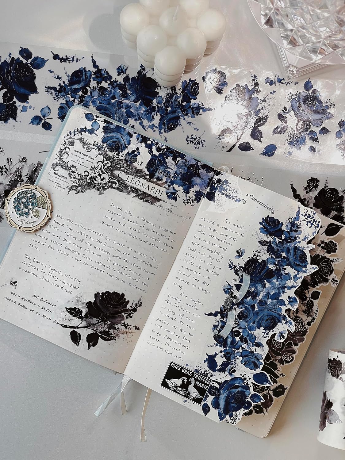 WT Rose Noir Wide PET Tape Gilded,Single Roll,Original Designs,Black Floral Decors,Transparent Clear Adhesive Tape,Gold Foil,Scrapbooks Junk Bujo Journals Planners DIY Crafts Supplies Gifts