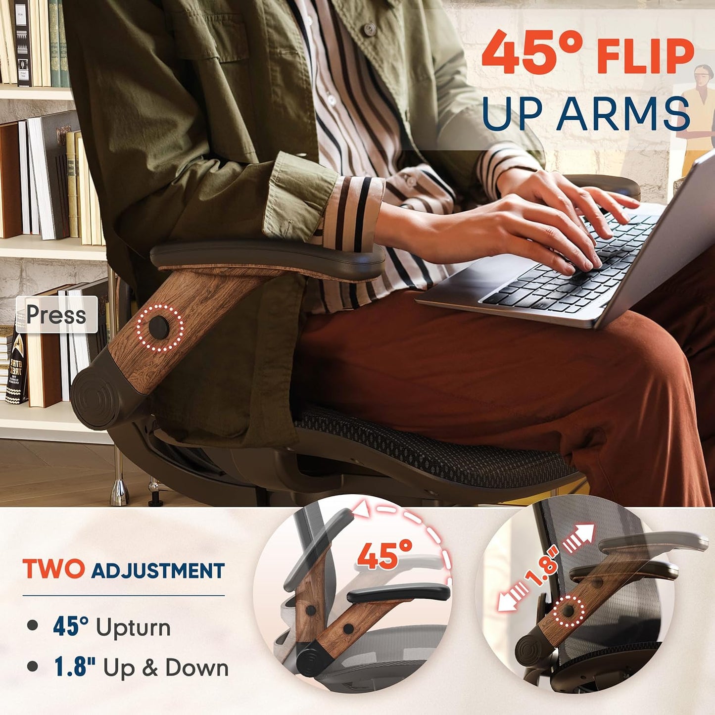 GABRYLLY Ergonomic Office Chair, High Back Home Desk Chair with Headrest, Flip-Up Arms, 90-120° Tilt Lock and Wide Cushion, Big and Tall Mesh Chairs for Man Woman, Black Task Chair(Dark Woodgrain)