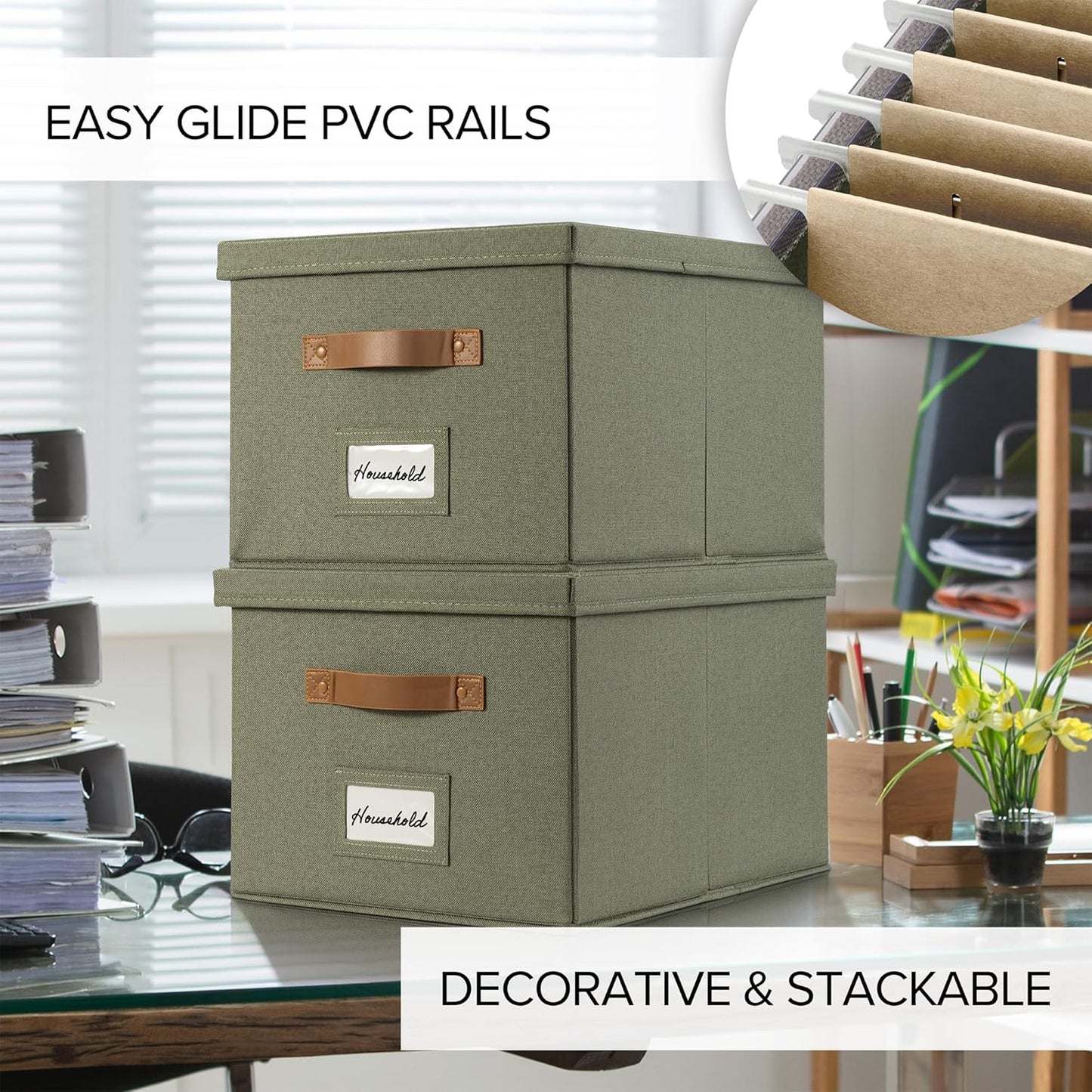 ZICOTO Decorative File Organizer Box Set of 2 - Collapsible Linen Filing Cabinets w/Handles Are Perfect to Store all Your Documents & Hanging File Folders - Portable Easy Slide Crates with Lid