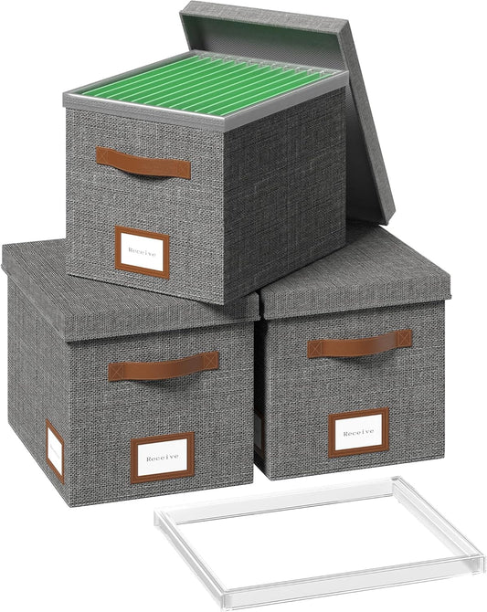 File Box for Hanging, File Organizer Box with Lid Decorative File Folders Letter Size Organizer with One-Piece Integrated Plastic Slide Rail (Grey, 13.2x10.1x10.1inch(3pack))